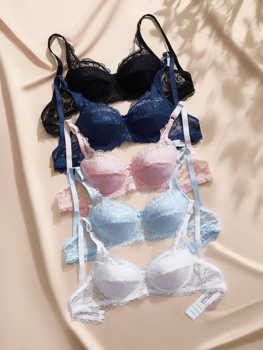 Charlaine Women's Solid Color Lace Bra 5pcs Set Sexy Lingerie - Multicolor - View 1