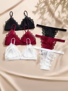 Charlaine 6pcs Women's Solid Color Fashion Lace Wireless G-String Lingerie Set - Multicolor - View 2