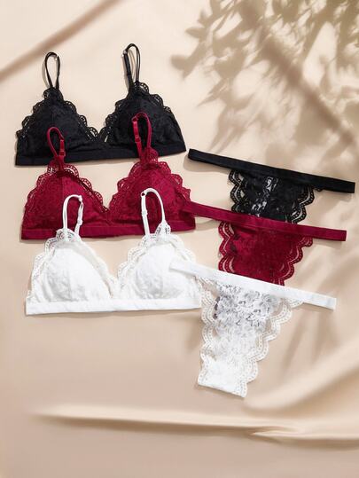 Charlaine 6pcs Women's Solid Color Fashion Lace Wireless G-String Lingerie Set