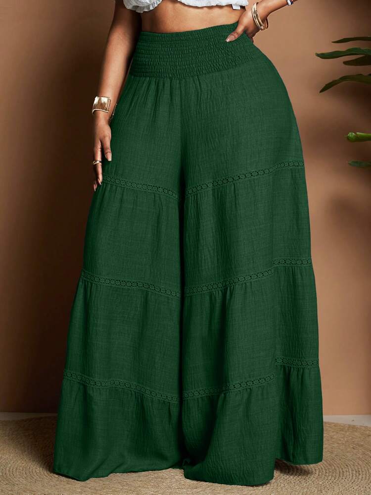Maweii Plus Size Women's Vacation Elastic Waist Lace Patchwork Loose Wide Leg Long Pants Fall - Dark Green - View 1