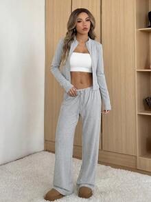 SHEIN EZwear Women's Light Gray Fitted Jacket And Pants Casual Suit Set, Spring/Summer, Spring Outfit Two Piece Women Comfy Lounge Grey Comfortable - Light Grey - View 6