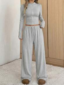 SHEIN EZwear Women's Light Gray Fitted Jacket And Pants Casual Suit Set, Spring/Summer, Spring Outfit Two Piece Women Comfy Lounge Grey Comfortable - Light Grey - View 3
