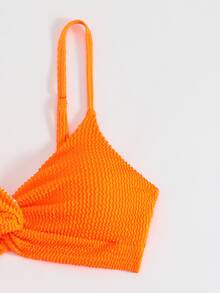 SHEIN Swim 女士紋理轉角前扭結無鋼圈泳衣套裝，適用於夏季海灘 - 橘色 - 查看 4