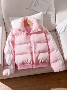 SHEIN 青少年女孩極簡舒適大廓型短版立領加厚棉襖外套，粉色，適合戶外與學校穿著 - 淺粉色 - 查看 6
