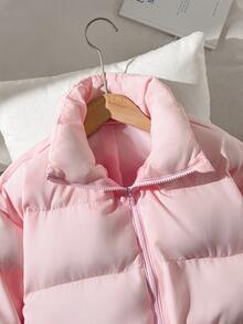 SHEIN 青少年女孩極簡舒適大廓型短版立領加厚棉襖外套，粉色，適合戶外與學校穿著 - 淺粉色 - 查看 5