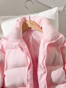 SHEIN 青少年女孩極簡舒適大廓型短版立領加厚棉襖外套，粉色，適合戶外與學校穿著 - 淺粉色 - 查看 3