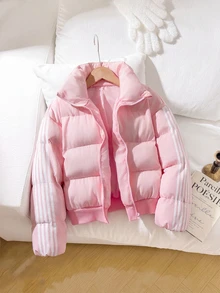 SHEIN 青少年女孩極簡舒適大廓型短版立領加厚棉襖外套，粉色，適合戶外與學校穿著 - 淺粉色 - 查看 1