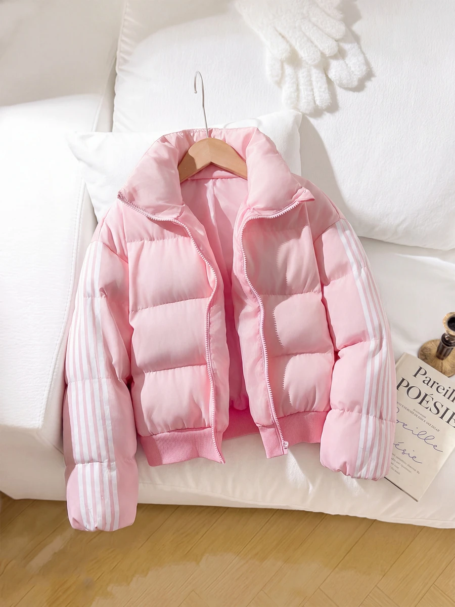 SHEIN 青少年女孩極簡舒適大廓型短版立領加厚棉襖外套,粉色,適合戶外與學校穿著 - 淺粉色 - 查看 1