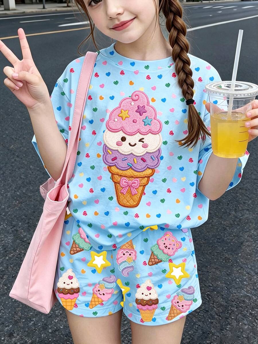 復古甜美可愛多巴胺冰粉色愛心冰淇淋星星印花，年輕女孩休閒極簡短袖上衣與短褲兩件套，適合夏季戶外野餐、出遊、街拍、校園、慵懶休閒、返校季，Y2K風格 - 白色 - 查看 1