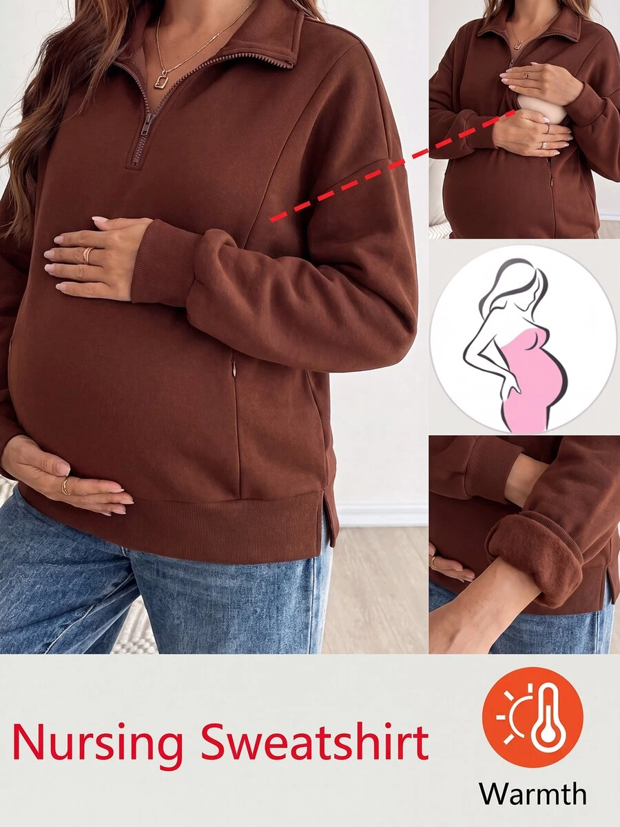 Momance 歐美風拉鍊翻領套頭純色孕婦衛衣 棕色 秋季休閒優雅 正式拍照穿搭 - 棕色 - 查看 1