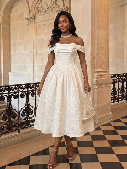 Vintamour Vintage Classic Elegant Women's Dress, All-Season Fitted Mixed Material Patchwork Dress, Off-Shoulder Dress, Beige Jacquard Dress, Party Gathering Dress, Umbrella Hem Skirt
