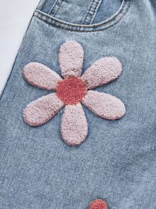 SHEIN 年轻女孩时尚雪花水洗做旧花卉植绒阔腿牛仔裤，90年代风格 - 藍色 - 查看 6