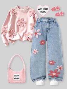 SHEIN 年轻女孩时尚雪花水洗做旧花卉植绒阔腿牛仔裤，90年代风格 - 藍色 - 查看 1