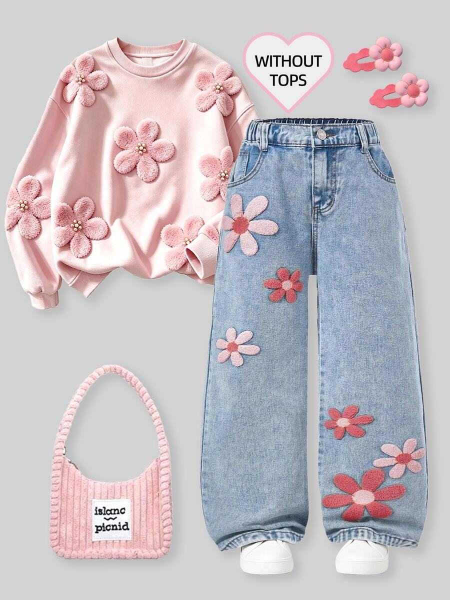 SHEIN 年轻女孩时尚雪花水洗做旧花卉植绒阔腿牛仔裤,90年代风格 - 藍色 - 查看 1