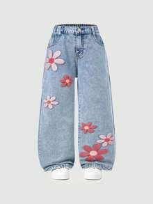 SHEIN 年轻女孩时尚雪花水洗做旧花卉植绒阔腿牛仔裤，90年代风格 - 藍色 - 查看 3