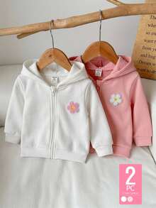 SHEIN Vintaside Kids 女嬰休閒純色保暖內裡連帽拉鍊外套，適合秋冬穿著 - 彩色 - 查看 1