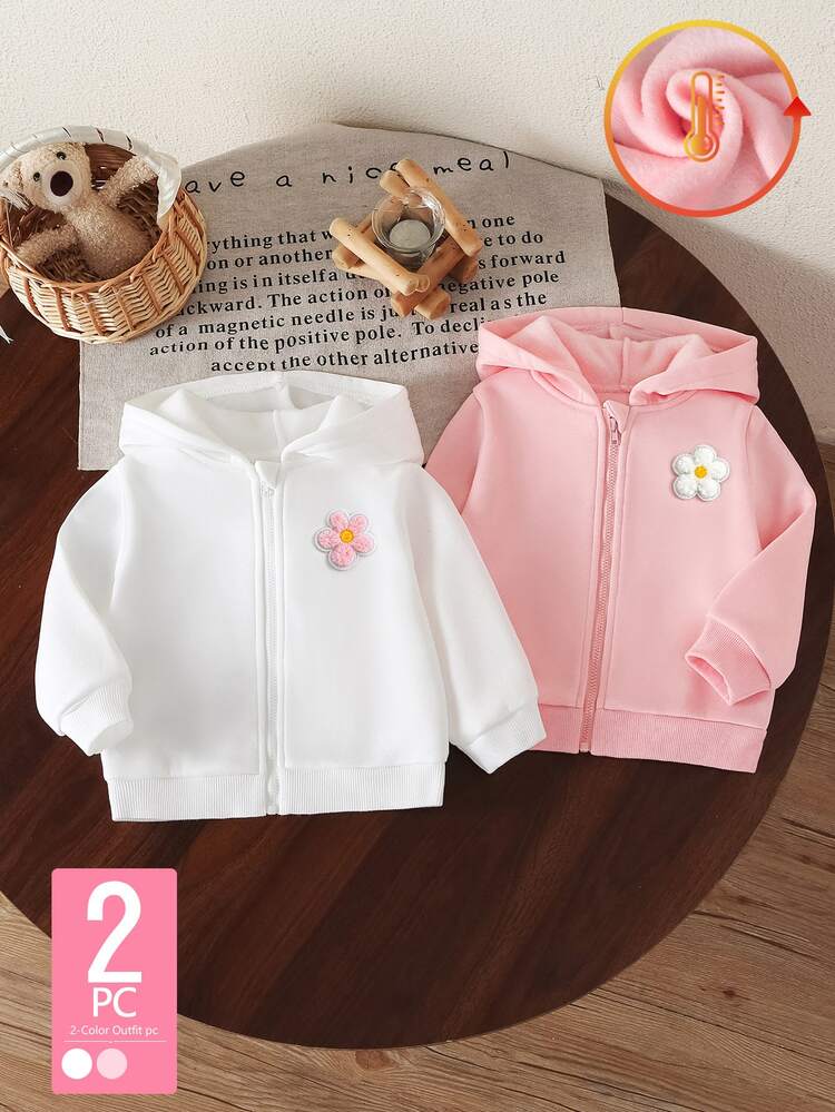SHEIN Vintaside Kids Baby Girls Casual Solid Color Thermal Lined Hooded Zip-Up Jacket, Suitable For Autumn/Winter - Multicolor - View 9
