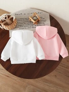 SHEIN Vintaside Kids 女嬰休閒純色保暖內裡連帽拉鍊外套，適合秋冬穿著 - 彩色 - 查看 2