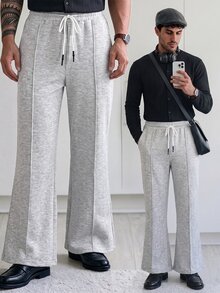 HUEFORM Men's Light Gray Center Seam Straight Leg Sweatpants, Elastic Waist Drawstring Draped Wide Leg Casual Pants, Minimalist Versatile Loose Floor Length Trousers - Light Grey - View 1