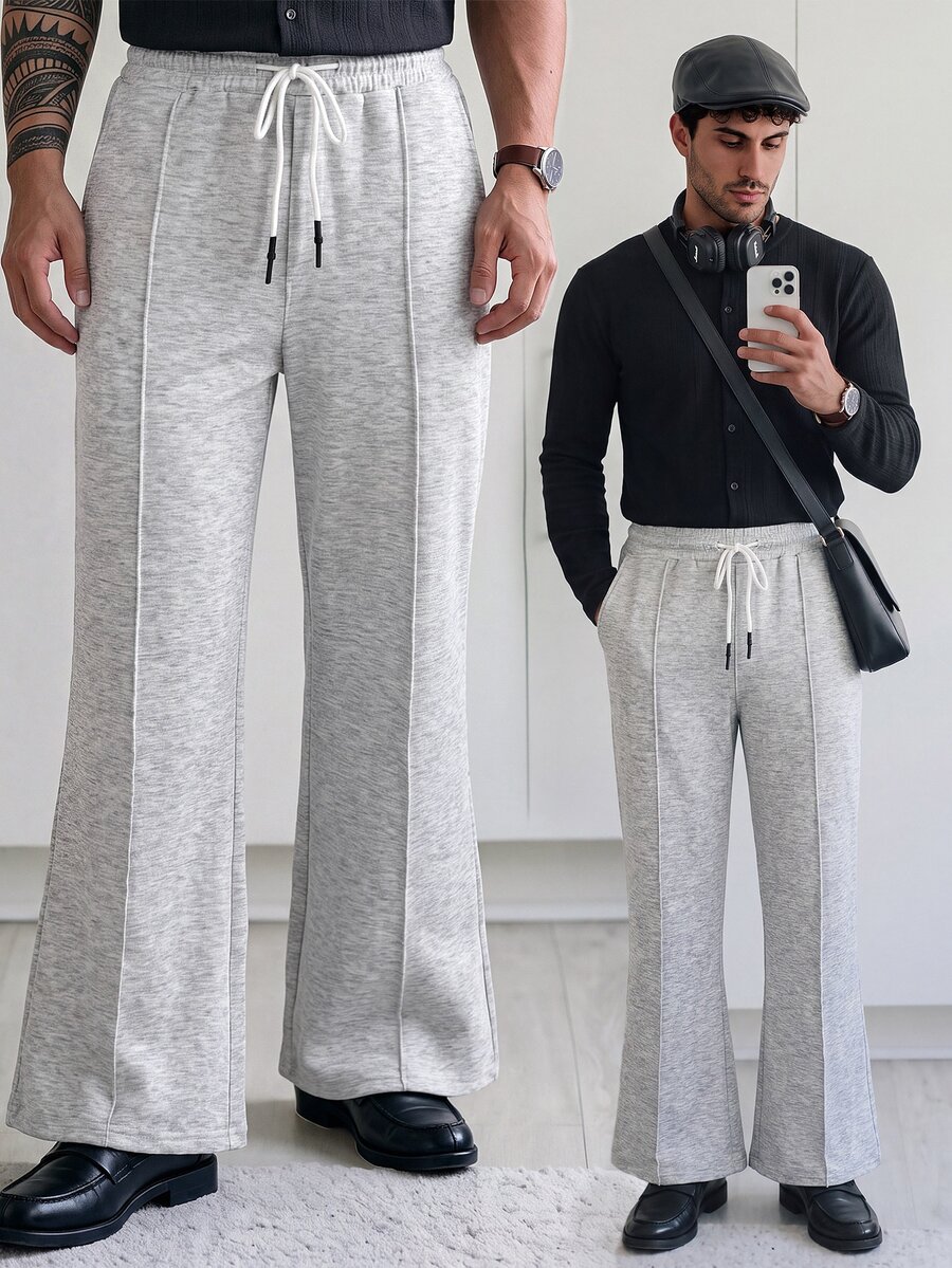 HUEFORM Men's Light Gray Center Seam Straight Leg Sweatpants, Elastic Waist Drawstring Draped Wide Leg Casual Pants, Minimalist Versatile Loose Floor Length Trousers - Light Grey - View 1