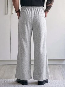 HUEFORM Men's Light Gray Center Seam Straight Leg Sweatpants, Elastic Waist Drawstring Draped Wide Leg Casual Pants, Minimalist Versatile Loose Floor Length Trousers - Light Grey - View 2