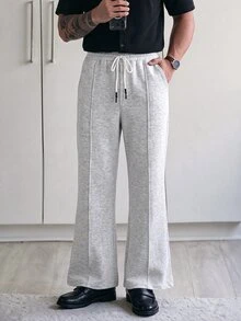 HUEFORM Men's Light Gray Center Seam Straight Leg Sweatpants, Elastic Waist Drawstring Draped Wide Leg Casual Pants, Minimalist Versatile Loose Floor Length Trousers - Light Grey - View 4