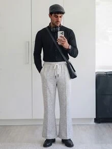 HUEFORM Men's Light Gray Center Seam Straight Leg Sweatpants, Elastic Waist Drawstring Draped Wide Leg Casual Pants, Minimalist Versatile Loose Floor Length Trousers - Light Grey - View 3