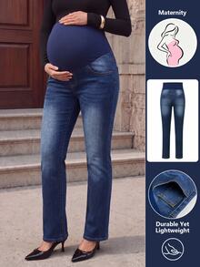 SHEIN Maternity Minimalist Washed Denim Long Pants - Dark Wash - View 1