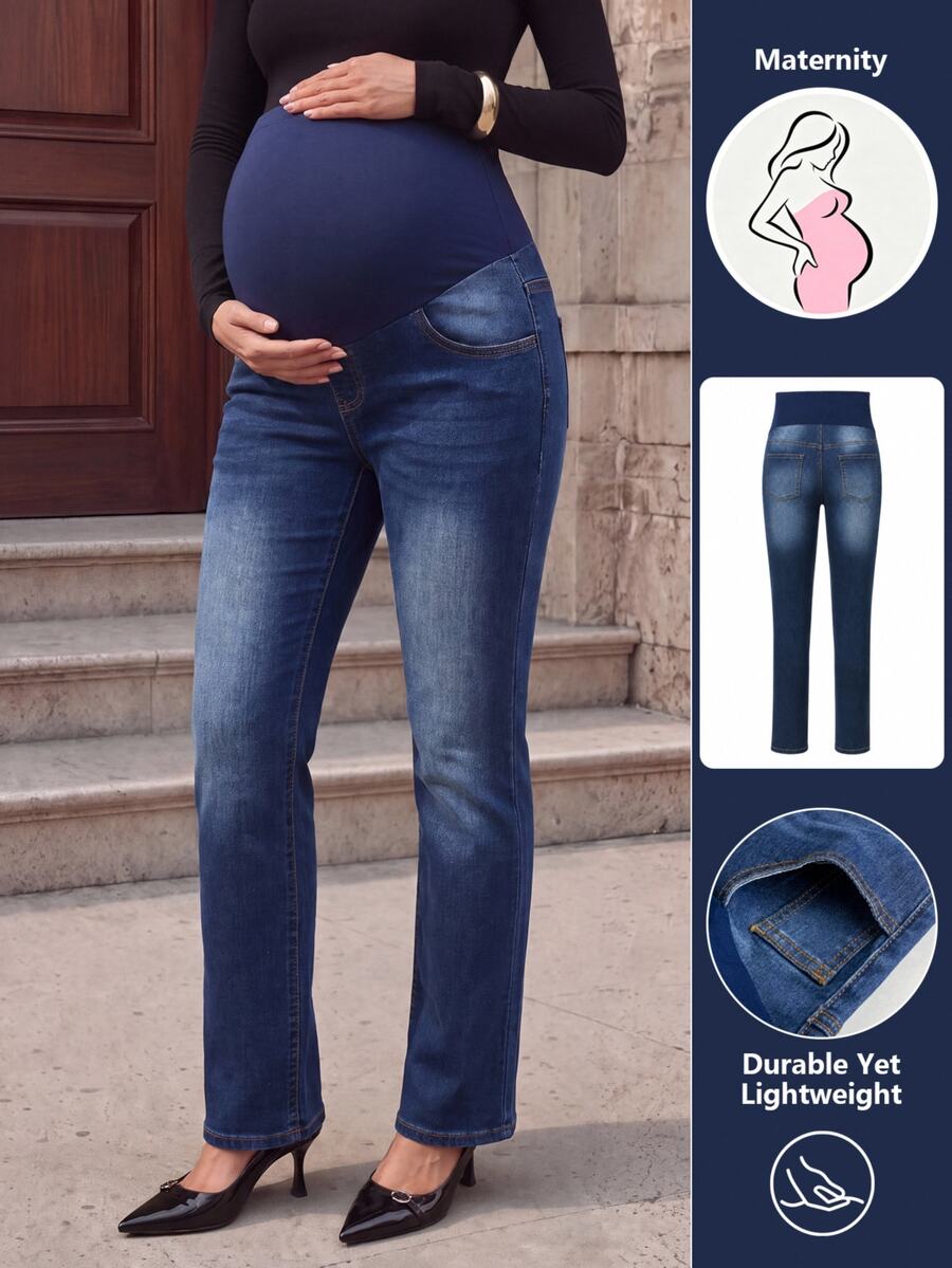 SHEIN Maternity Minimalist Washed Denim Long Pants - Dark Wash - View 1