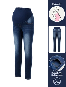SHEIN Maternity Minimalist Washed Denim Long Pants - Dark Wash - View 8