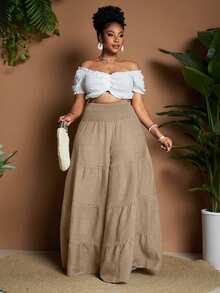 Maweii Plus Size Women's Casual Vacation Daily Commute Minimalist Solid Color Tiered Hem Wide Leg Pants Fall - Khaki - View 5