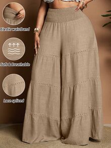 Maweii Plus Size Women's Casual Vacation Daily Commute Minimalist Solid Color Tiered Hem Wide Leg Pants Fall - Khaki - View 7