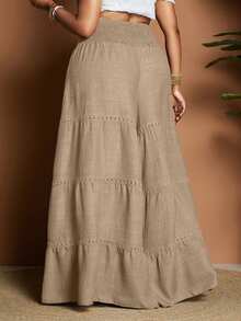 Maweii Plus Size Women's Casual Vacation Daily Commute Minimalist Solid Color Tiered Hem Wide Leg Pants Fall - Khaki - View 2