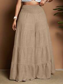 Maweii Plus Size Women's Casual Vacation Daily Commute Minimalist Solid Color Tiered Hem Wide Leg Pants Fall - Khaki - View 3