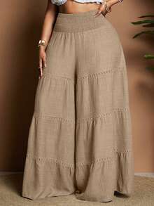 Maweii Plus Size Women's Casual Vacation Daily Commute Minimalist Solid Color Tiered Hem Wide Leg Pants Fall - Khaki - View 1