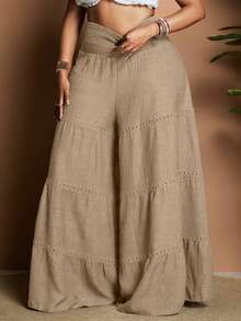 Maweii Plus Size Women's Casual Vacation Daily Commute Minimalist Solid Color Tiered Hem Wide Leg Pants Fall - Khaki - View 4