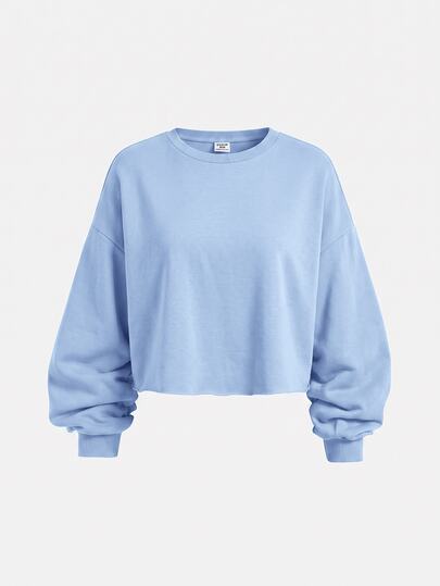 SHEIN Girlism Sudadera de punto corta de manga larga azul claro estilo universitario minimalista casual cuello redondo para otoño e invierno para adolescentes
