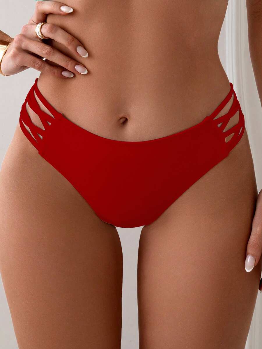Vaytide 2025 Women Solid Color Cut-Out Sides Sexy Bikini Bottom Summer - Red - View 1