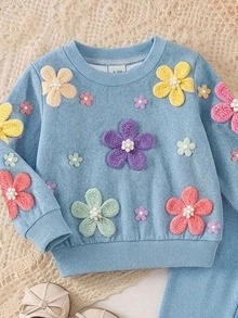 SHEIN Playful Pals 2件組女嬰春夏藍天色甜美可愛 Daddy's Girl 3D鉤編花圓領長袖上衣褲子套裝 親子款 - 藍色 - 查看 3