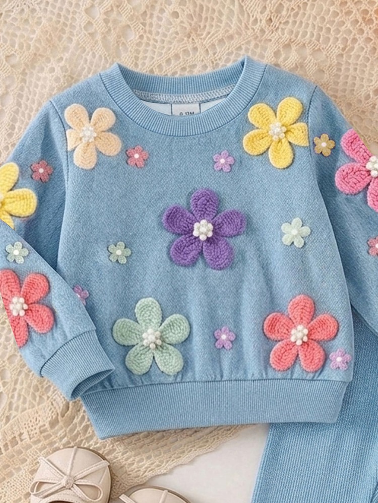 SHEIN Playful Pals 2pcs/Set Baby Girl Spring/Autumn Blue Sky Blue Sweet Cute Daddys Girl 3D Crochet Flower Round Neck Long Sleeve Top Pants Set Family Matching - Blue - View 3