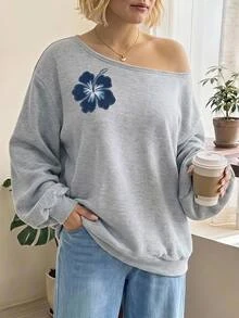 SHEIN CURVE+ 大尺碼女款休閒極簡淺灰色寬鬆不對稱肩長袖印花圖案衛衣，復古休閒風，適合海灘、音樂節、度假及其他場合，秋冬穿搭首選 - 灰色 - 查看 1
