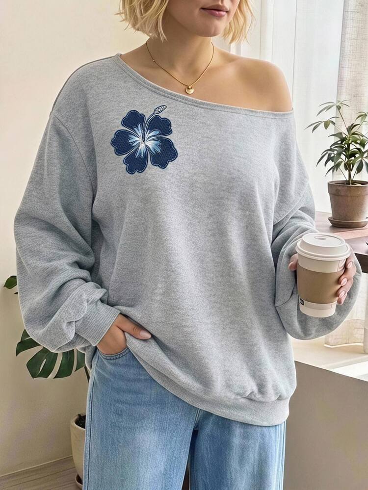 SHEIN CURVE+ Plus Size Women's Casual Minimalist Light Gray Loose Asymmetrical Shoulder Long Sleeve Printed Graphic Sweatshirt, Vintage Casual Style, Suitable For Beach, Music Festival, Vacation And Other Occasions, Perfect For Autumn/Winter - Grey - View 1