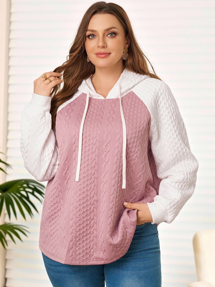 Rosumi 大碼雙色紋理粗針編織抽繩連帽衛衣 2026 秋冬款 灰粉色 休閒運動風 正式外訪沙灘穿搭 - 彩色 - 查看 1