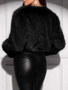 SHEIN Clasi Women's Solid Color Minimalist Long Sleeve Fluffy Coat In Fall/Winter,Fall - Black - View 3