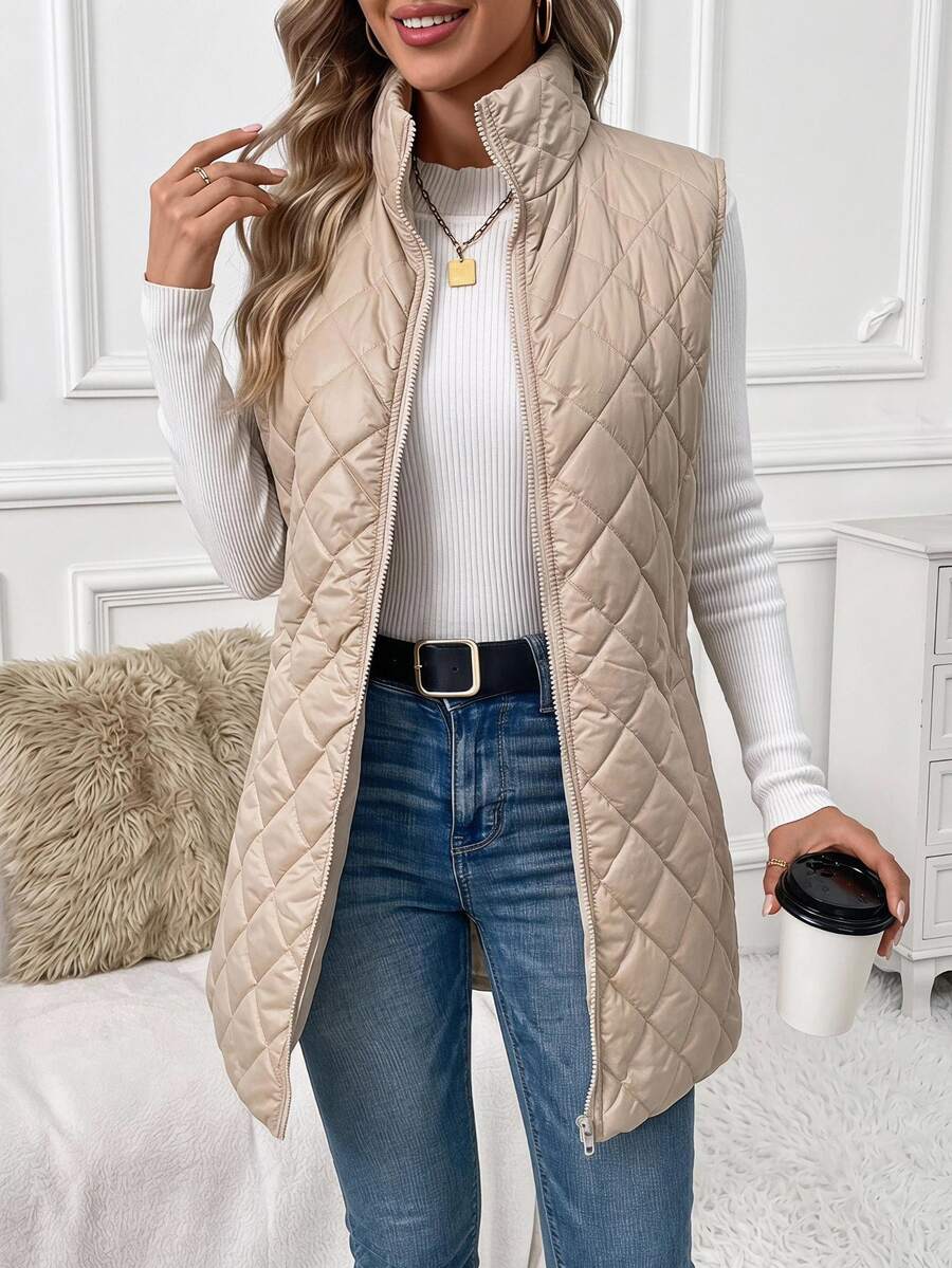 SHEIN Clasi Solid Color Quilted Zipper Front Vest Jacket In Fall/Winter - Apricot - View 1