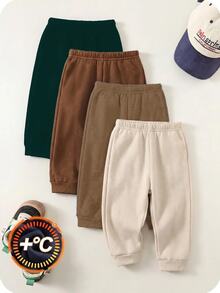 SHEIN 4件組嬰兒男孩女孩可愛秋冬休閒百搭純色鬆緊腰長褲，男孩慢跑褲，百搭長褲多件組 - 彩色 - 查看 6