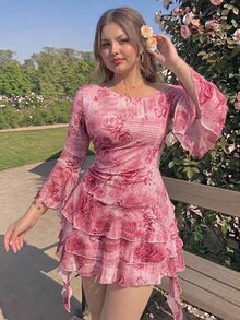 SHEIN MOD 大尺碼女款淡粉色花卉與字母印花長袖不對稱肩褶皺下擺洋裝，度假波希米亞嬉皮風鄉村穿搭秋季 - 粉色 - 查看 6
