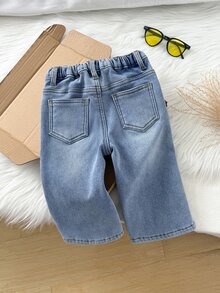 SHEIN 男嬰秋冬款做舊保暖抓絨內裡藍色牛仔褲，適合幼兒上學穿著，保暖牛仔褲，萬聖節與聖誕節套裝，幼兒保暖牛仔褲 - 中等水洗藍 - 查看 3