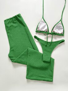 Swim Chiccia 女士钩编串珠吊带文胸上衣和内裤套装，含罩衫和长裤，三件套泳衣 - 軍綠色 - 查看 2