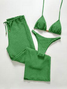 Swim Chiccia 女士钩编串珠吊带文胸上衣和内裤套装，含罩衫和长裤，三件套泳衣 - 軍綠色 - 查看 3